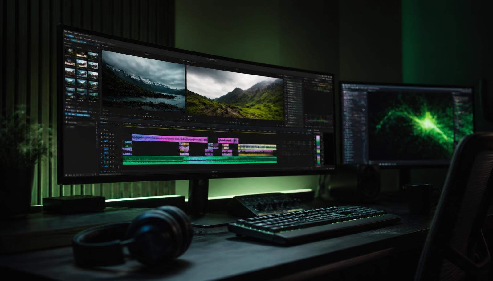 Donkere editing-setup met videotimeline en motion graphics